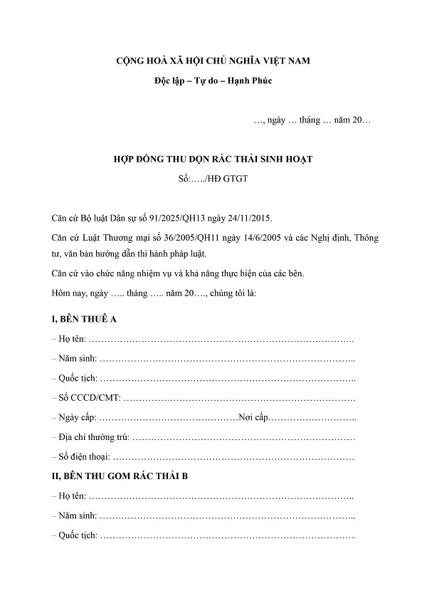 Mẫu hợp đồng thu gom rác thải sinh hoạt mới nhất