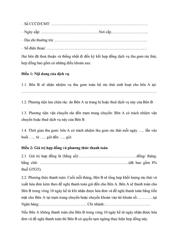 Mẫu hợp đồng thu gom rác thải sinh hoạt mới nhất