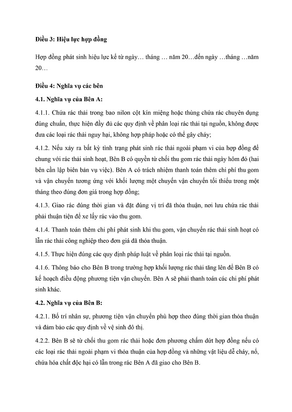 Mẫu hợp đồng thu gom rác thải sinh hoạt mới nhất