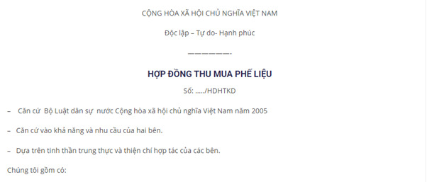 Mẫu hợp đồng trong thu mua phế liệu